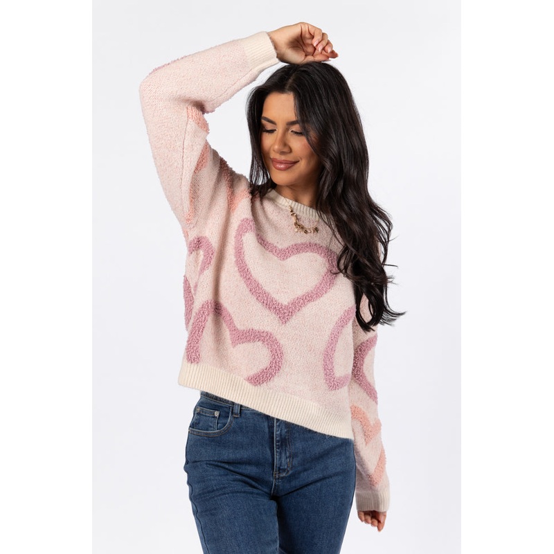 Love Again Mauve Multi Fuzzy Heart Sweater FINAL SALE