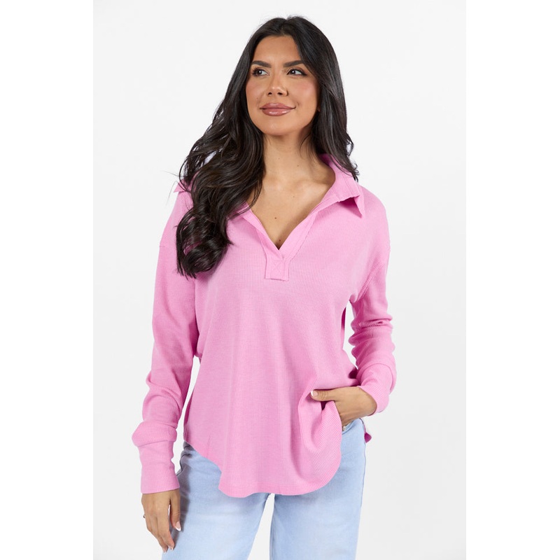 Might Be Love Rose Pink Waffle Collared Knit Top FINAL SALE