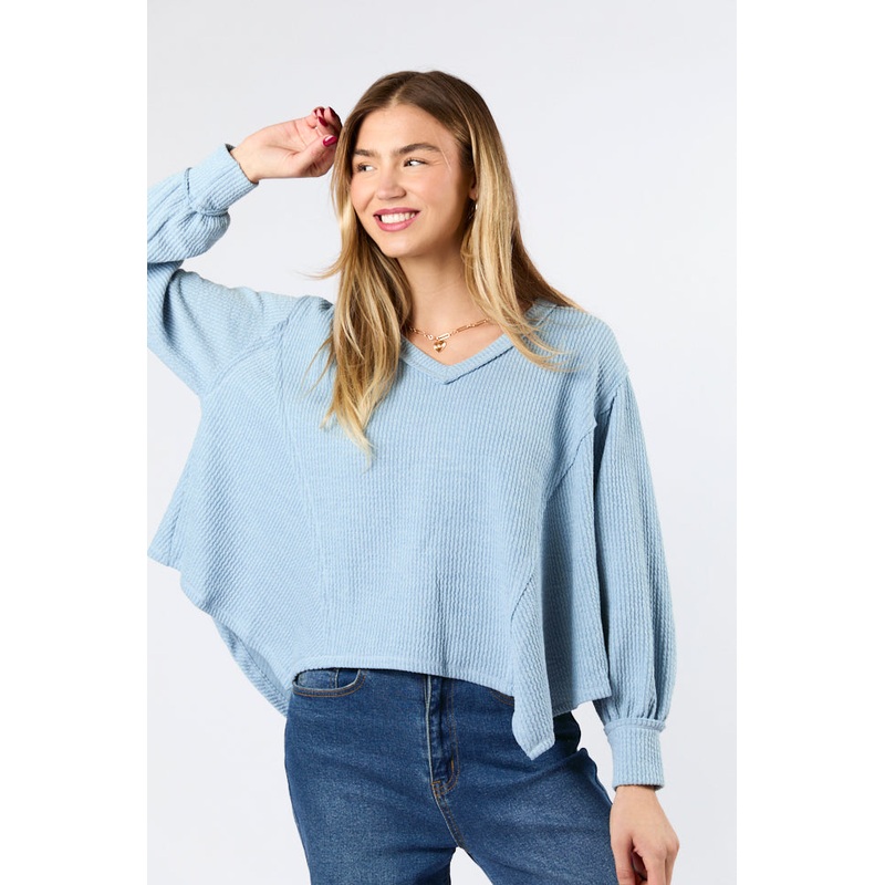Never Say Never Dusty Blue Ribbed Knit V-Neck Long Sleeve Top FINAL SALE