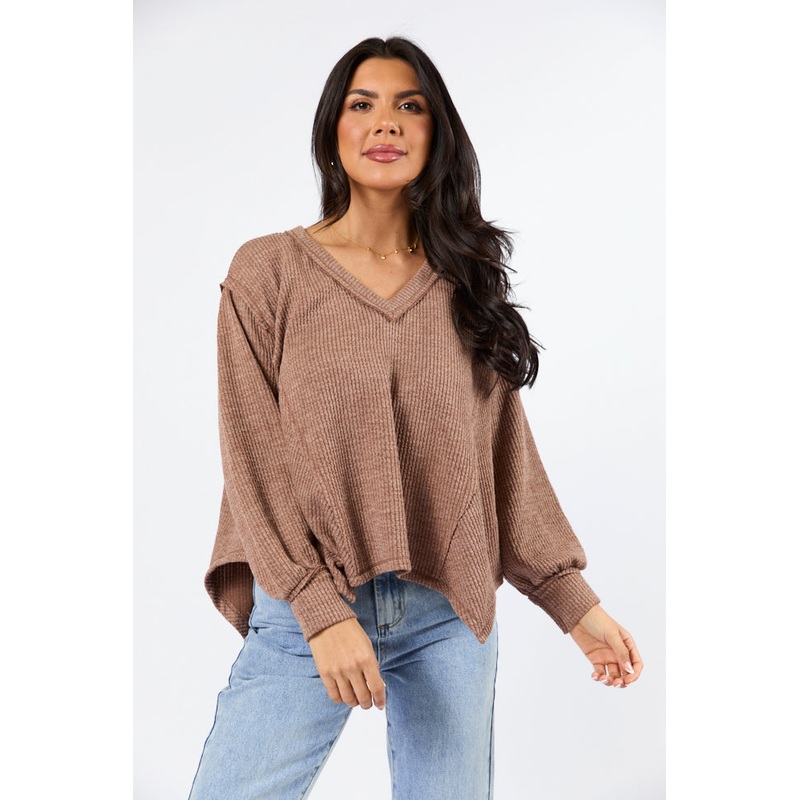 Never Say Never Mocha Ribbed Knit V-Neck Long Sleeve Top FINAL SALE