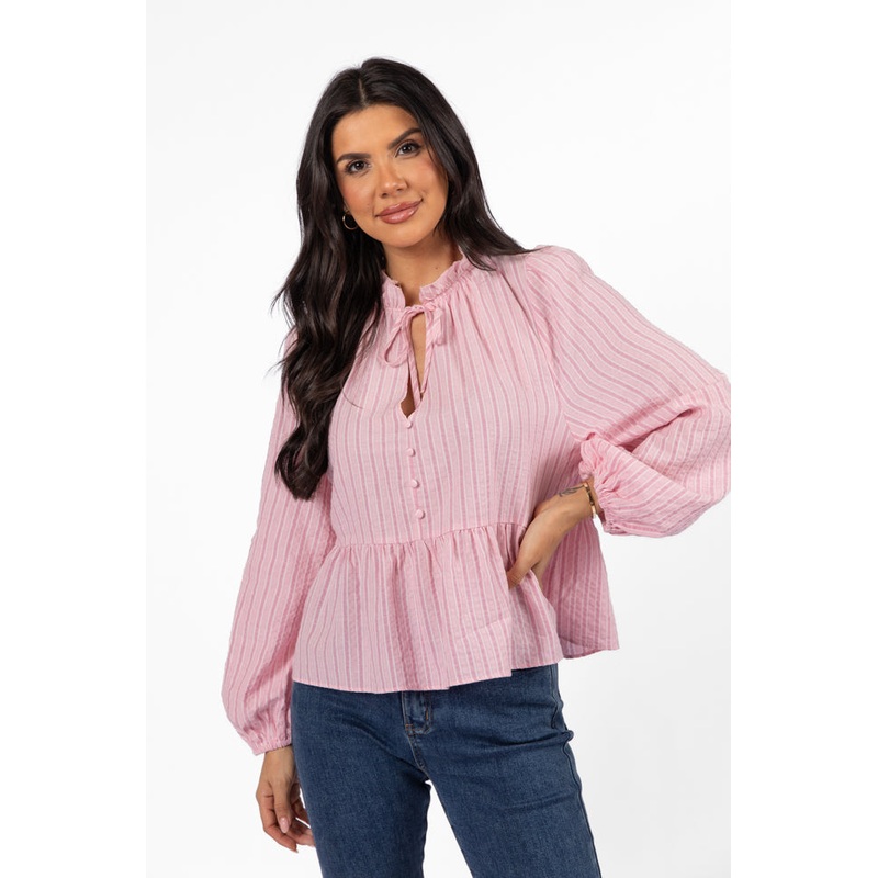 Oh My Darling Pink Stripe Notched Neckline Button Detail Peplum Blouse FINAL SALE