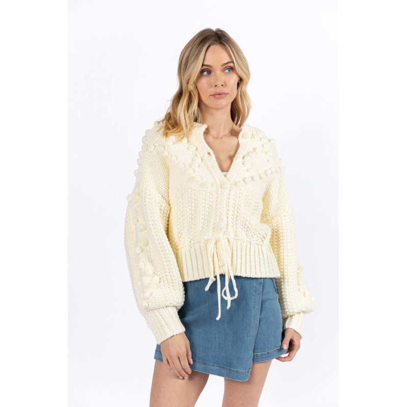 Pom Party Cream Chunky Cinched Waist Cardigan FINAL SALE