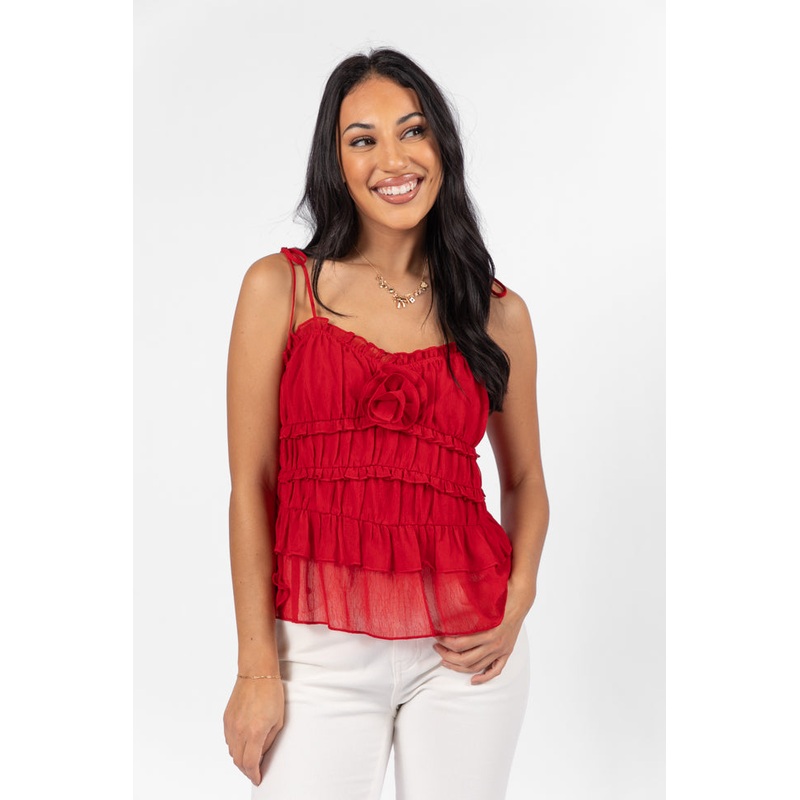 Promise To Another Red Rosette Tie Sleeve Tank FINAL SALE