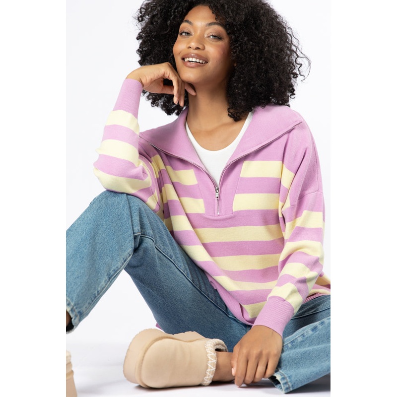 Pulling Heartstrings Purple And Yellow Striped Quarter Zip Pullover FINAL SALE