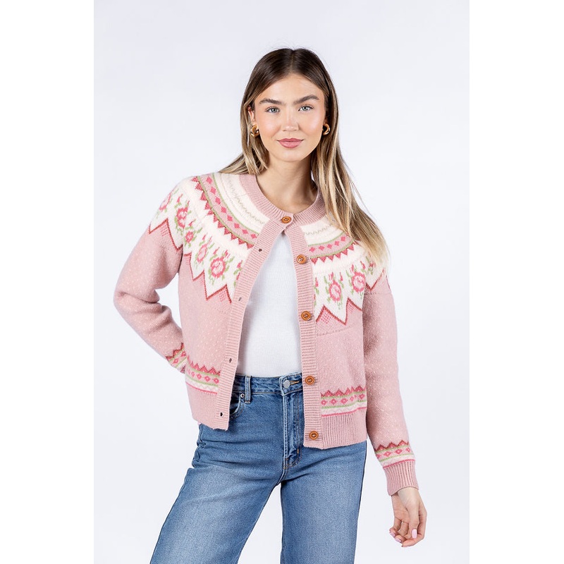 Sunny Meadow Pink Floral Fair Isle Cardigan FINAL SALE