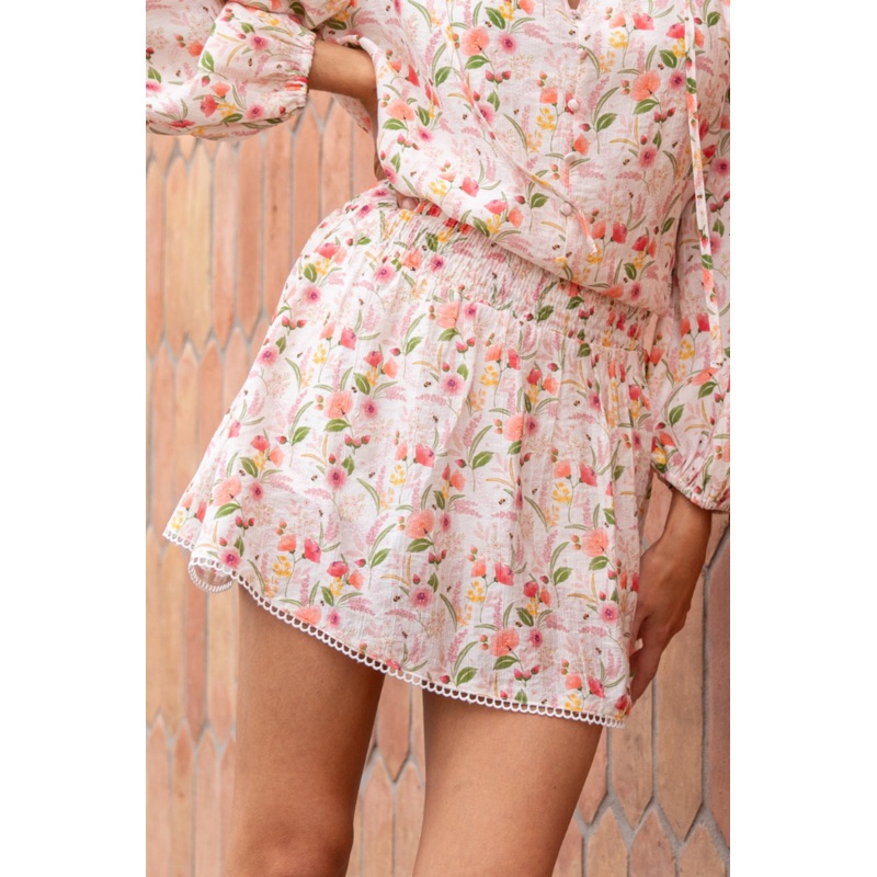 Through The Garden Ivory Multi Floral Eyelet Trim Mini Skort