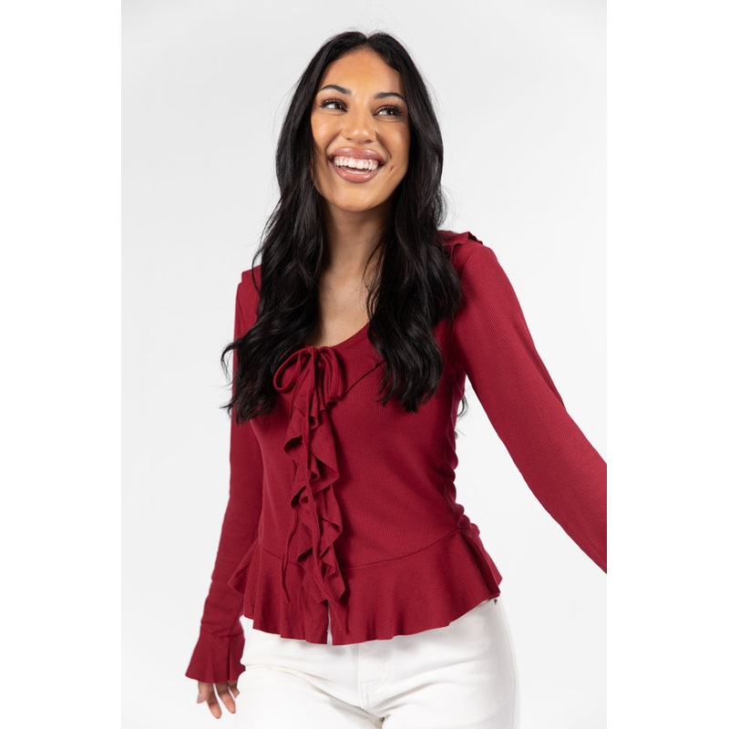 Treat You The Same Wine Ruffle Detail Ribbed Blouse FINAL SALE