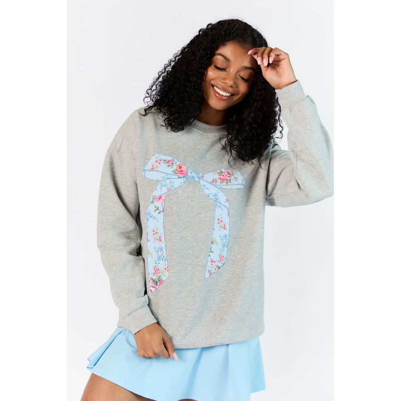 Vintage Floral Printed Bow Light Grey Graphic Sweatshirt