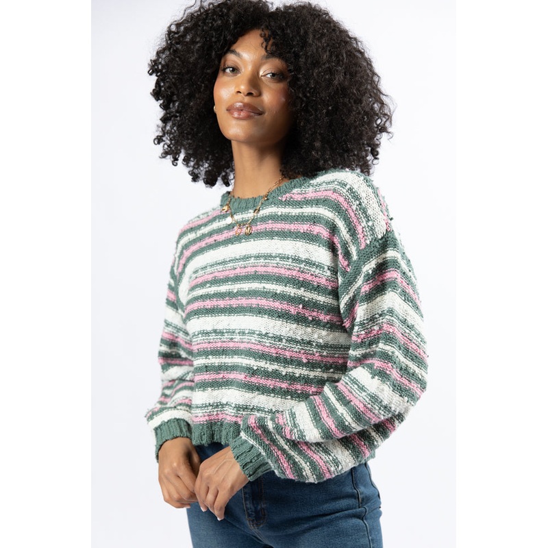 While I’m Away Green Multi Striped Popcorn Sweater FINAL SALE
