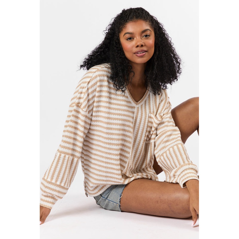 All For Sun Tan and Ivory Striped Knit V-Neck Long Sleeve Tee FINAL SALE