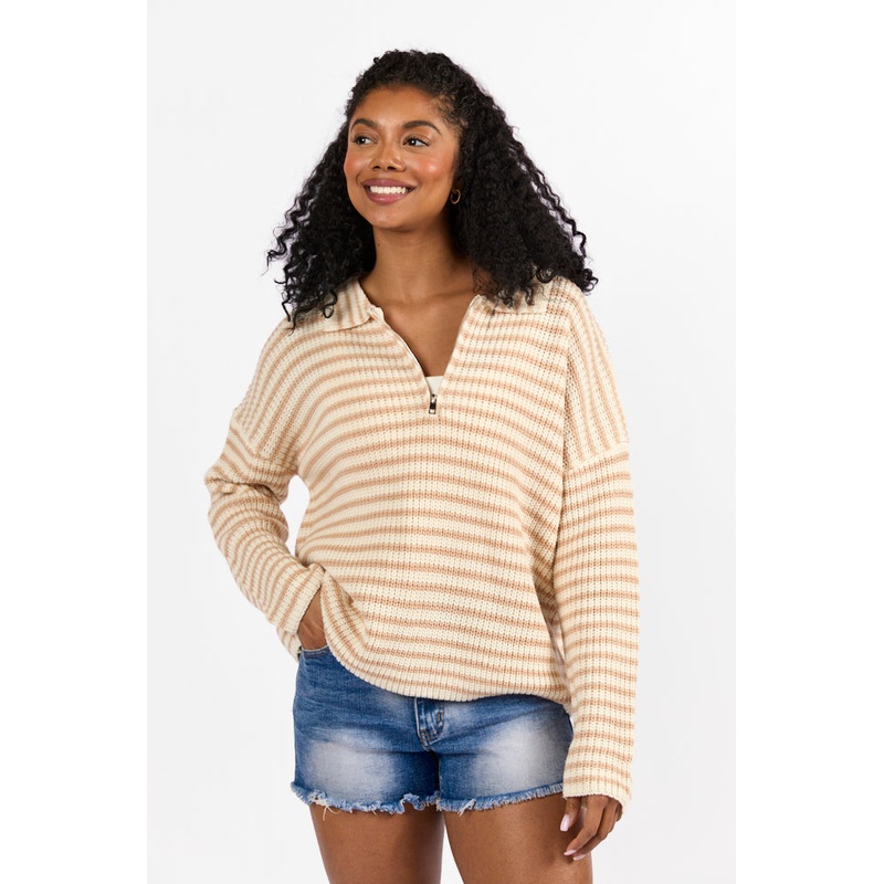 Bayside Breeze Ivory and Tan Stripe Quarter Zip Pullover Sweater