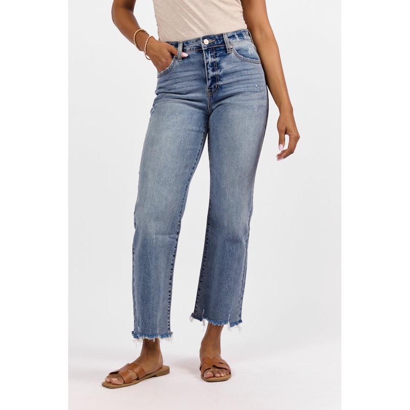 Briauna Light Wash Distressed Hem Ankle Length Wide Leg Jeans
