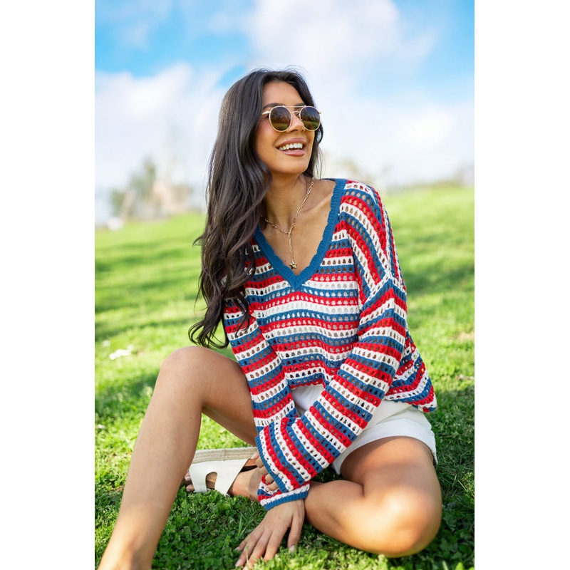 Chasing Rainbows V-Neck Red, White, And Blue Striped Crochet Sweater