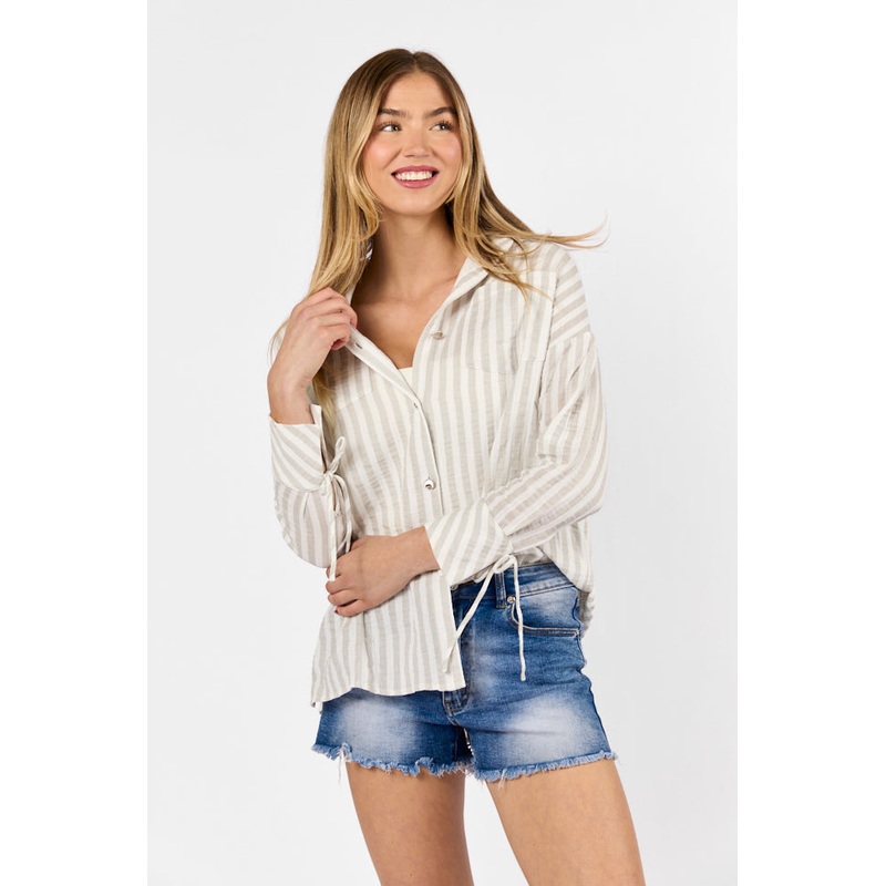 Cruel Summer Tan and Ivory Striped Gauze Button Down Top