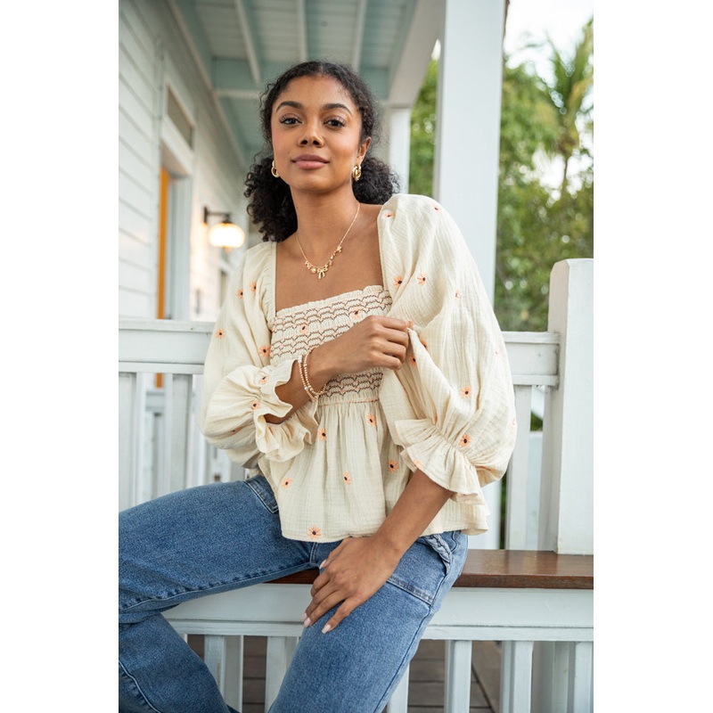 Dress To Impress Beige Floral Stitched Smocked Blouse