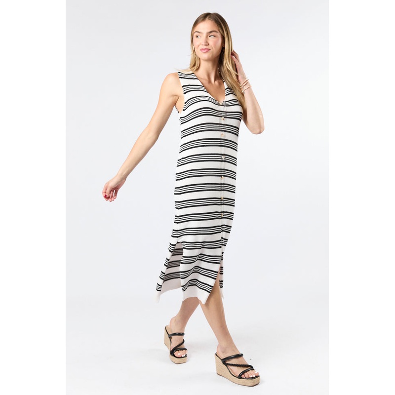 Endless Coastline Black and Ivory Striped Knit Sweater Dress