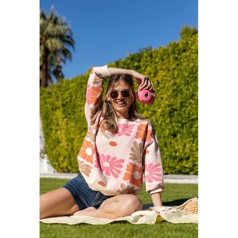 Gracious Gardens Coral Multi Block Floral Sweater FINAL SALE