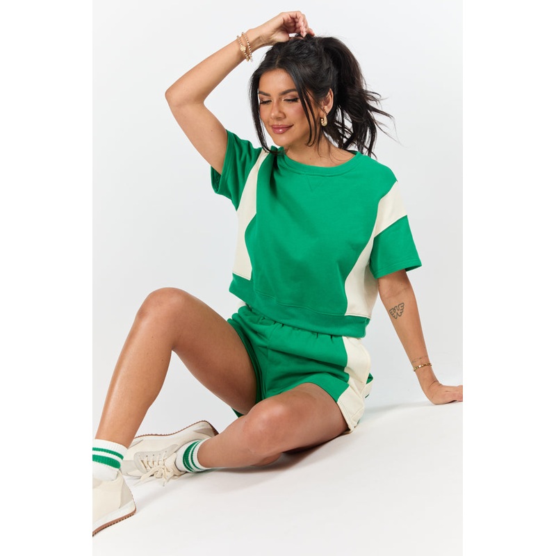 Make Or Break Green and Ivory Contrast French Terry Short Sleeve Sweatshirt