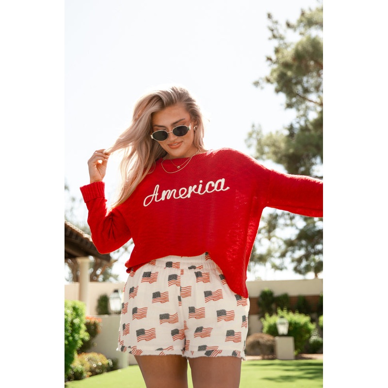 Off To The Fireworks Red America Script Striped Sweater