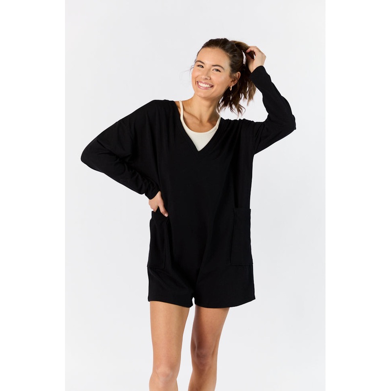 On A Daily Basis Black Deep V-Neck Pocketed Long Sleeve Romper FINAL SALE