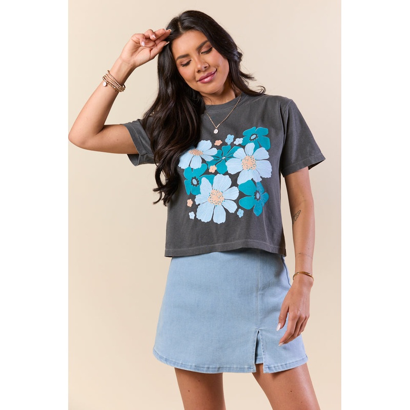 Organic Floral Print Grey Boxy Graphic Tee