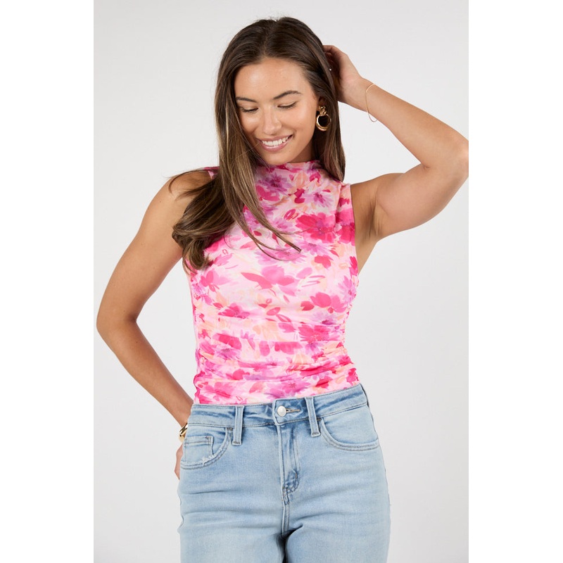Out Of Bloom Pink Multi Floral Ruched Mock Neck Knit Tank