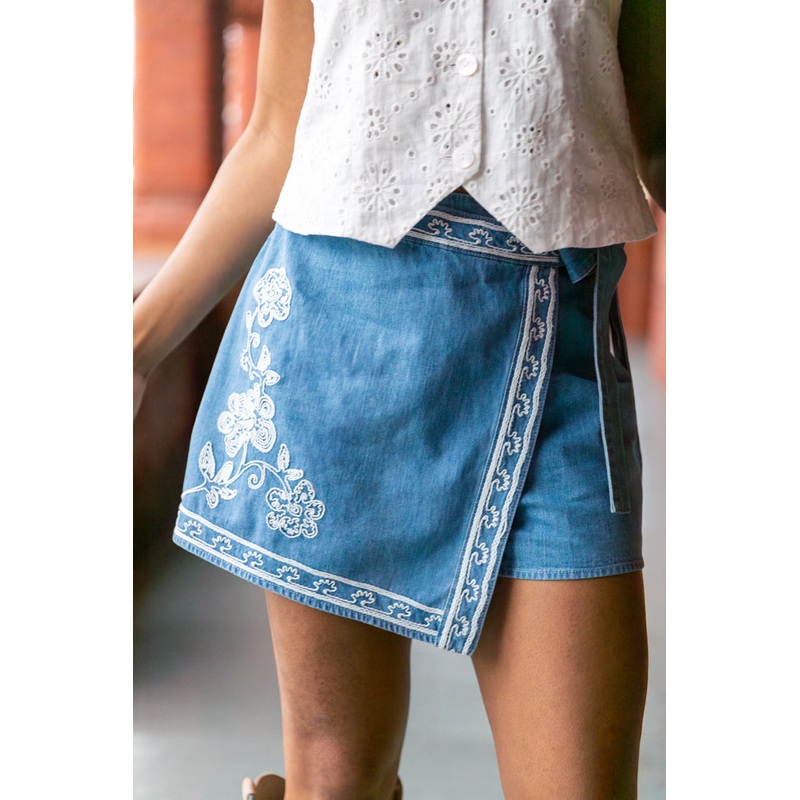 Prairie Rose Embroidered Chambray Skort