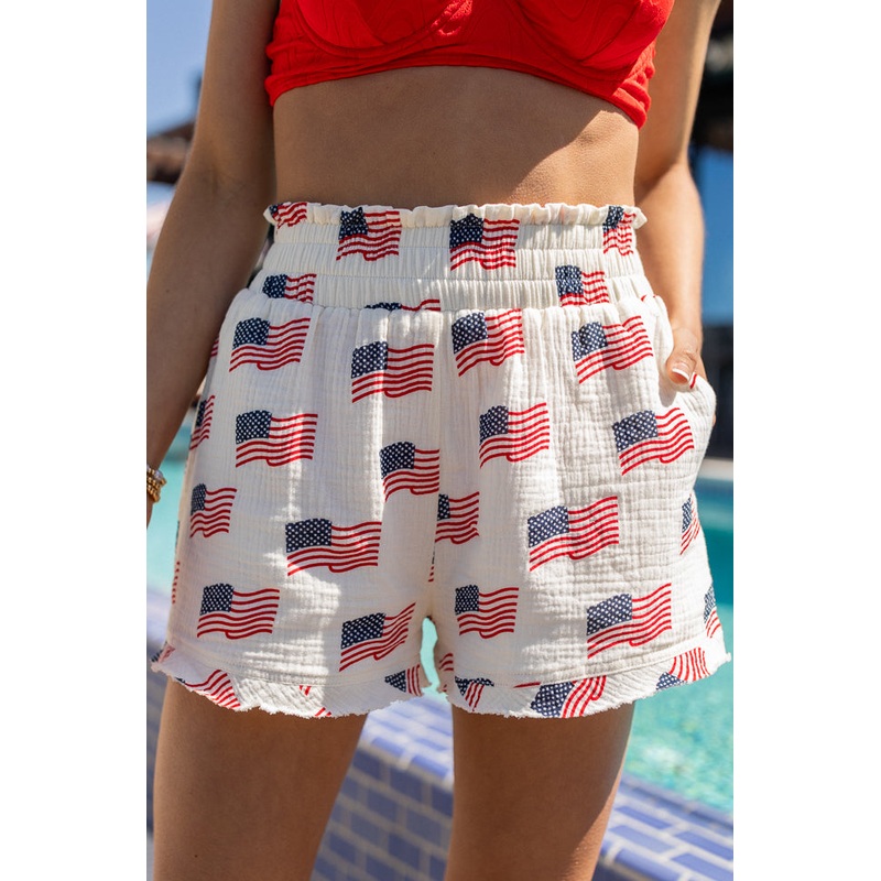 Ready For A Change Cream Flag Print Gauze Shorts