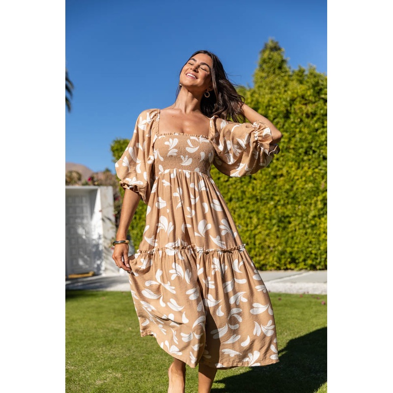 Swing Of Things Neutral Printed Smocked Midi Dress