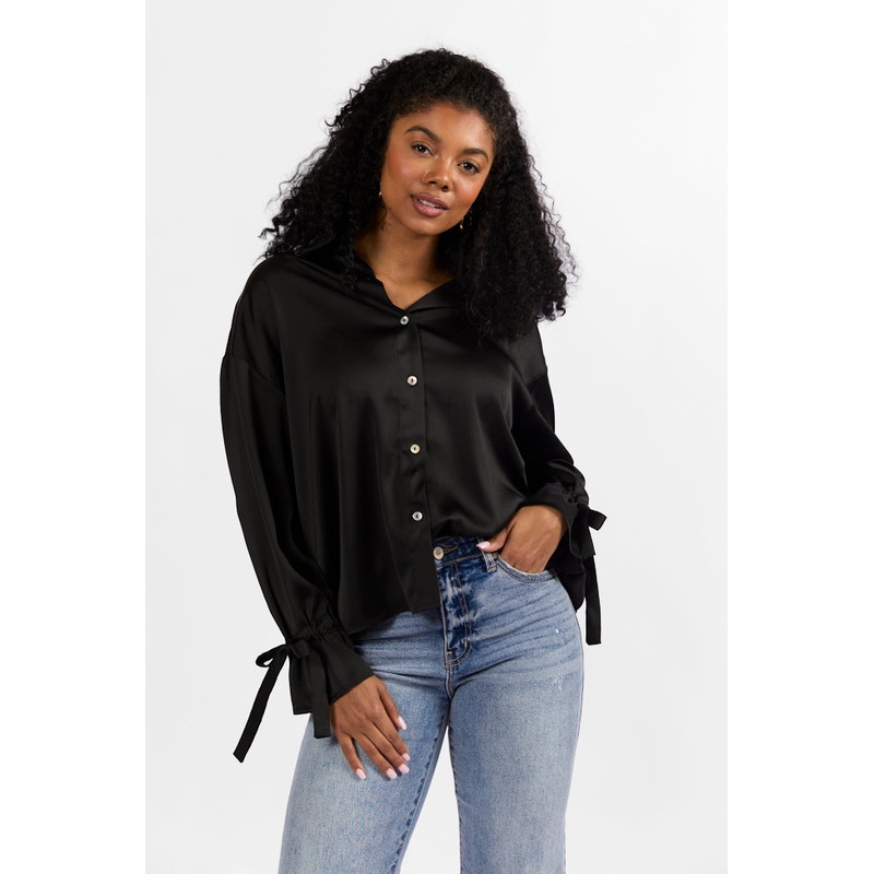 Think It Through Black Bow Cuff Satin Button Down Shirt FINAL SALE