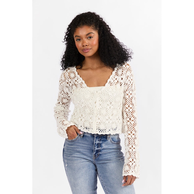 Unbeatable Memories Long Sleeve Ivory Crochet Cardigan