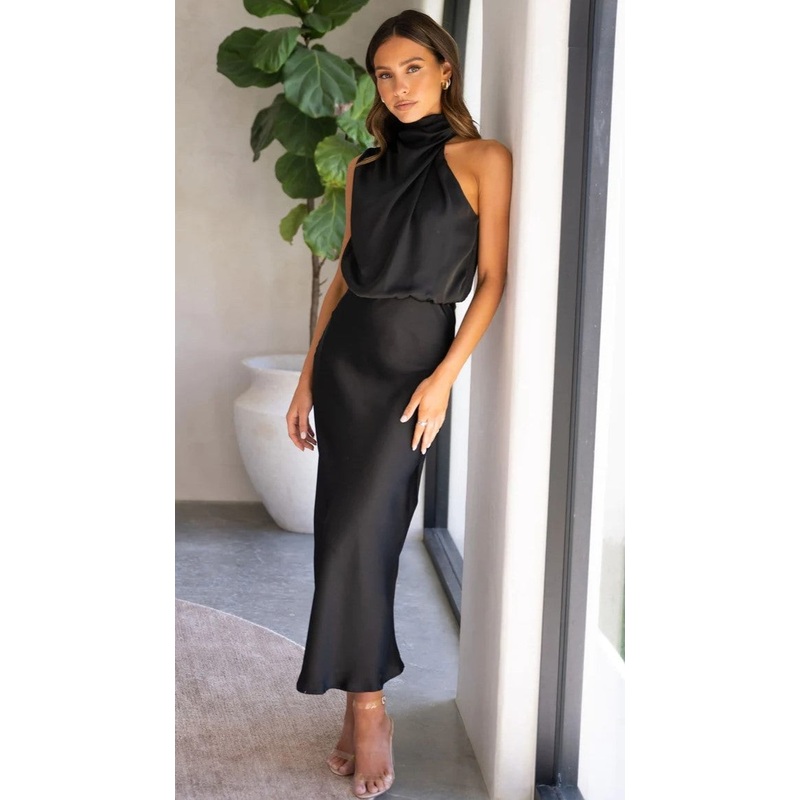 Black Satin Sleeveless Midi Dress