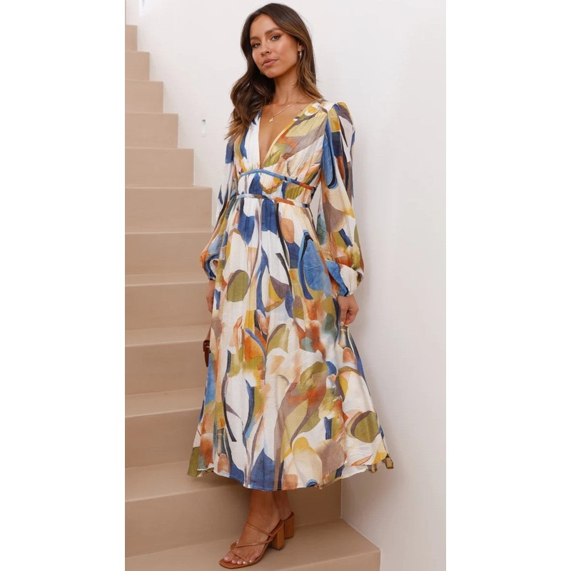 Blue Multicolor Print Long Sleeves Midi Dress
