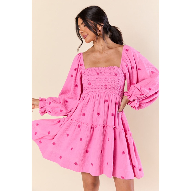 Dress To Impress Pink Smocked Flower Mini Dress