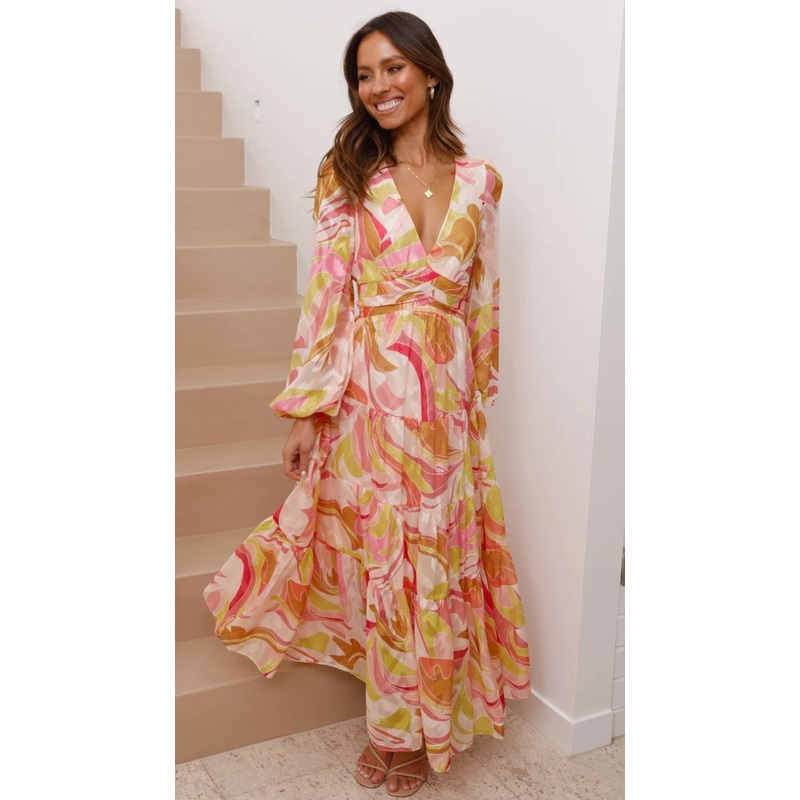 Orange Print Long Sleeves Midi Dress