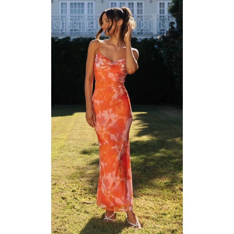 Orange Red Floral Slip Midi Dress