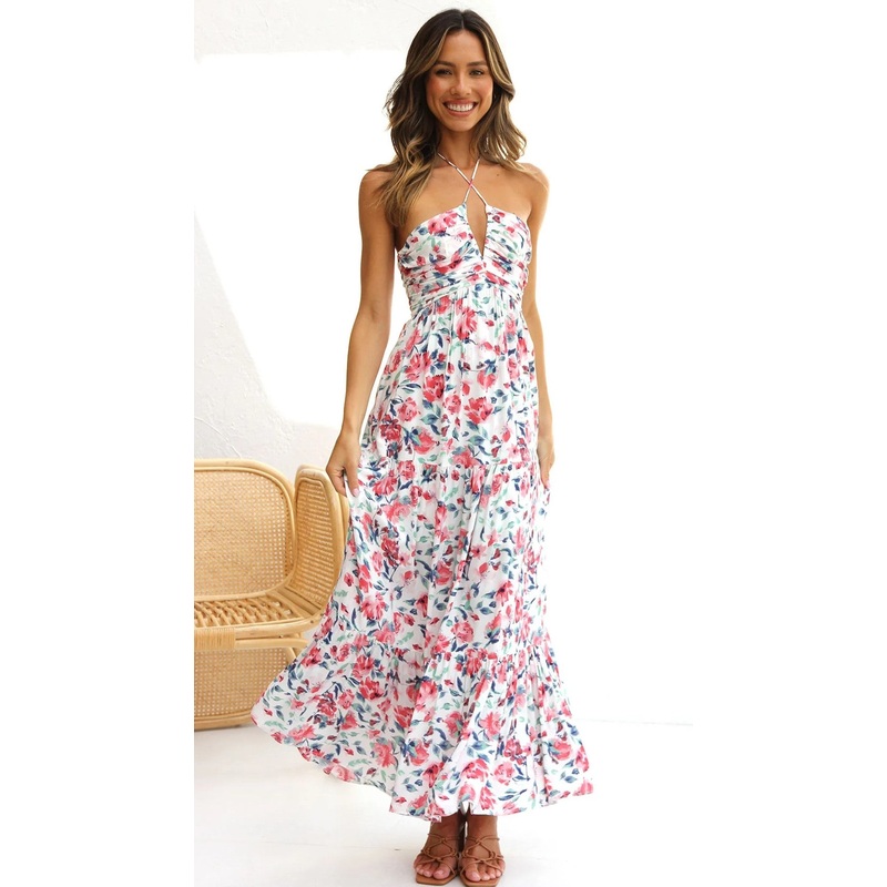 Pink Floral Halter Midi Dress