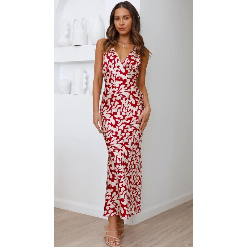 Red Floral Silhouette Sleeveless Midi Dress
