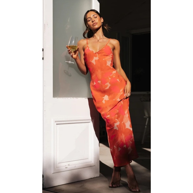 Red Floral Slip Midi Dress