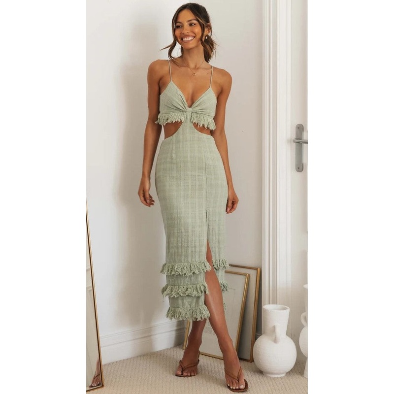 Sage Cutout Waist Slip Midi Dress