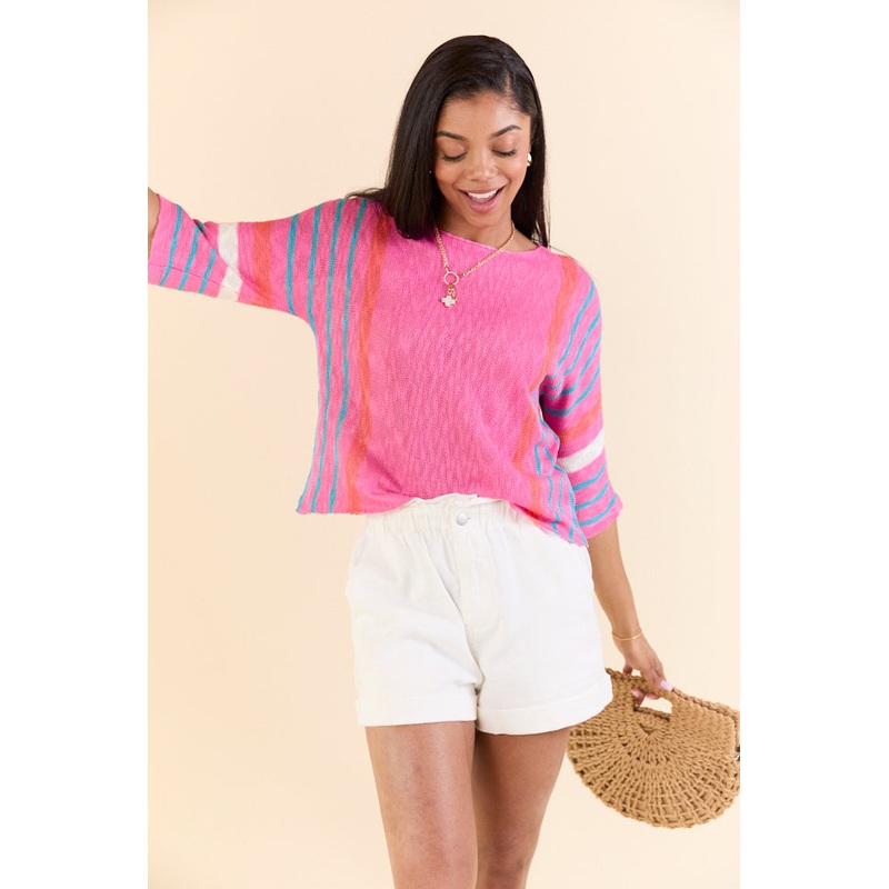 Swept Away Pink Striped Sleeve Sweater