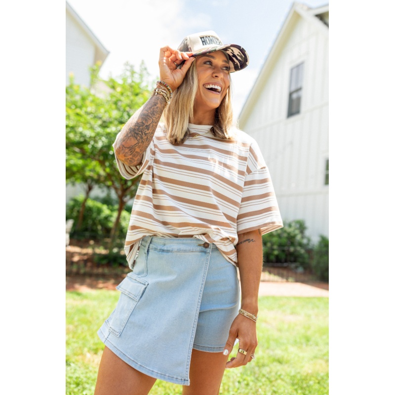 The Mackenzie Tan Oversized Striped Tee Holley Gabrielle X