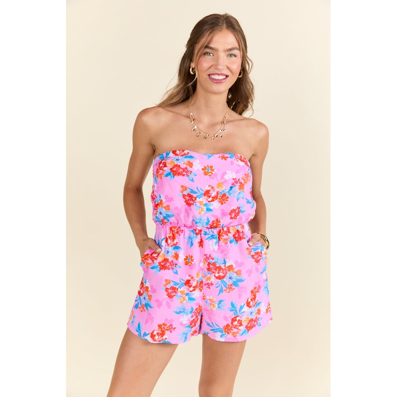 Waiting For Fun Strapless Pink Floral Romper