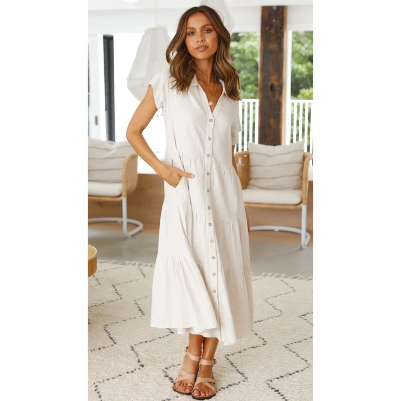 Beige Button Down Midi Dress
