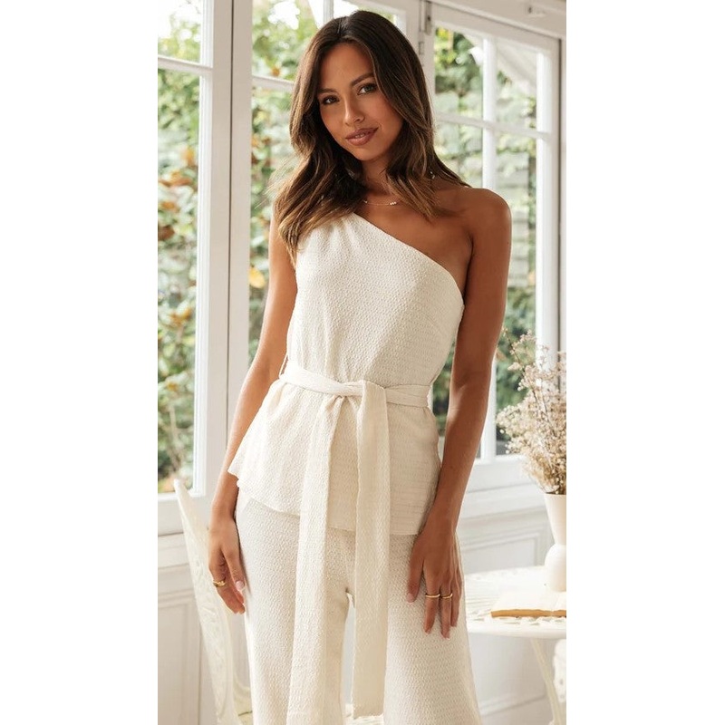 Beige One Shoulder Top