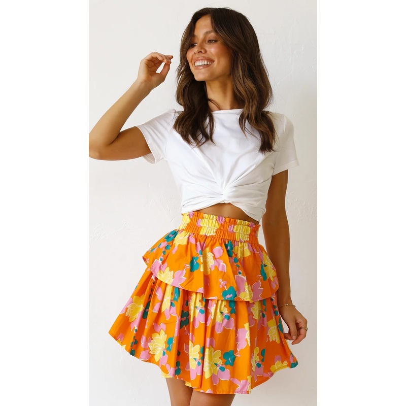Orange Floral Mini Skirt