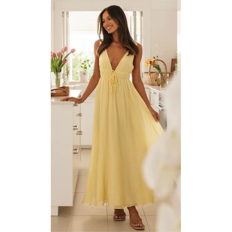 Yellow Solid Sleeveless Midi Dress