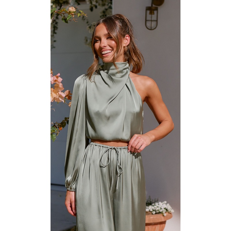 Esther One Shoulder Long Sleeve Top – Green