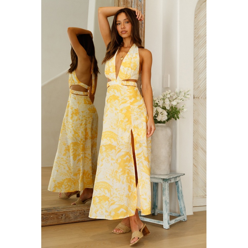 Sunlit Reflections Halter Maxi Dress Yellow