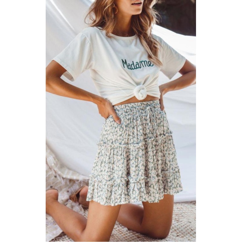 Green Floral Print Withdraw Mini Skirt